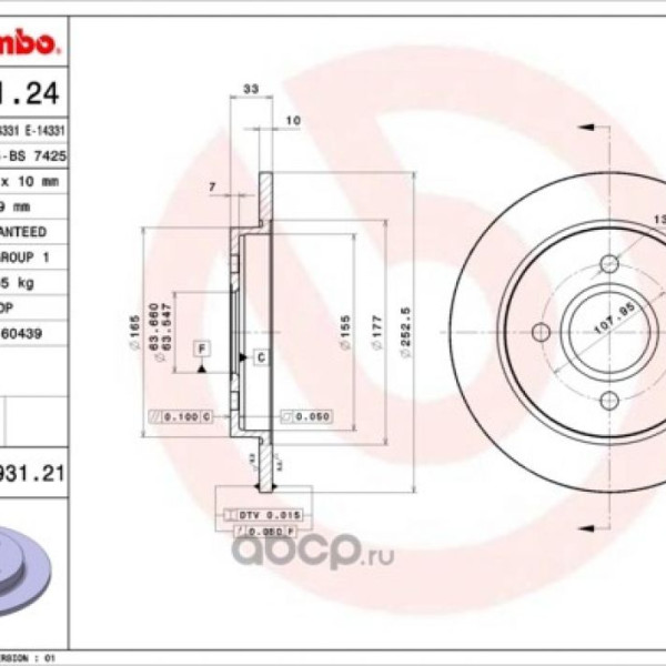 BREMBO  Диск тормозной задн. с УФ покрытием FORD FIESTA V (JH_ JD_) 11 01-03 10 FORD F